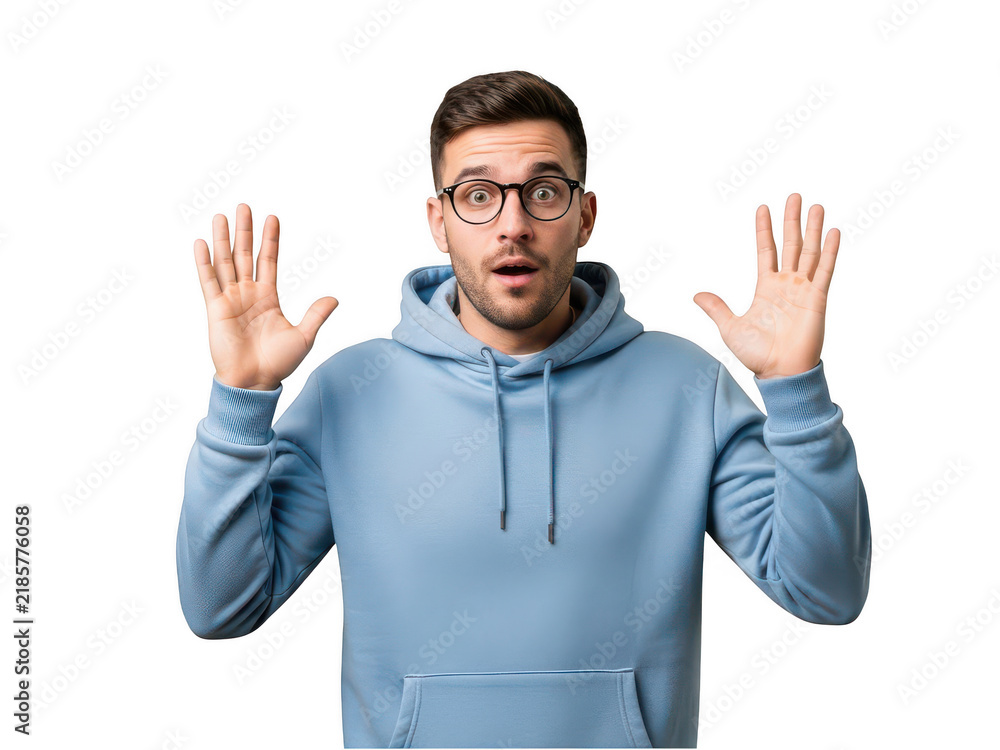 Fototapeta premium Man raising hands with surprised expression