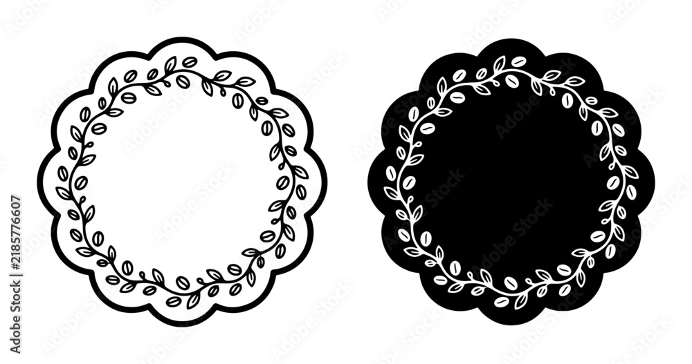 Fototapeta premium Scalloped Circle Frames with Delicate Leafy Vines, Black and White Decorative Borders, Elegant Floral Embellishments for Design Projects