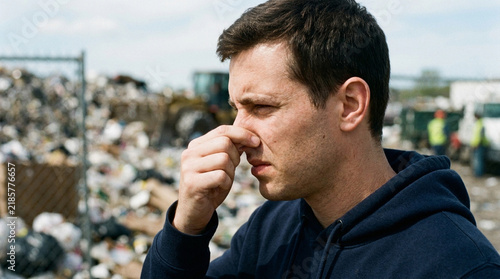 Man Pinching Nose in Disgust at Garbage Landfill