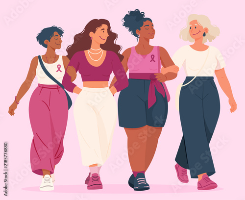 Фотография Illustration de quatre femmes diverses marchant bras dessus bras dessous avec des rubans roses pour Octobre Rose