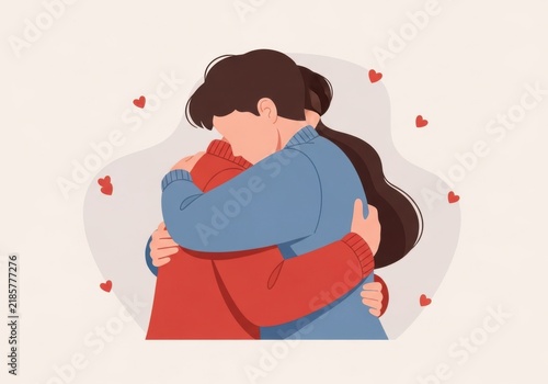 Couple in love hugging each other with hearts floating around