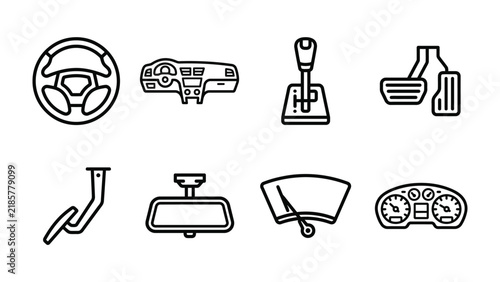 Car Interior Icon Set: A collection of simple line art icons representing various elements of a car's interior, including steering wheel, dashboard, gear shift, pedals, and more.