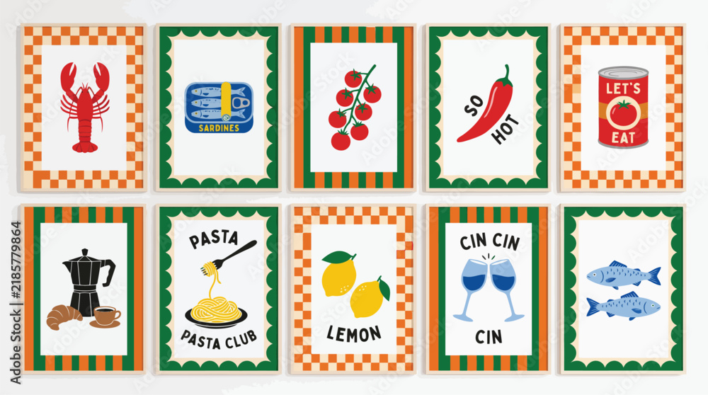 Fototapeta premium Retro Italian food posters, set of 10 vintage kitchen art prints. Mediterranean dining wall decor with lobster, pasta, and wine illustrations.