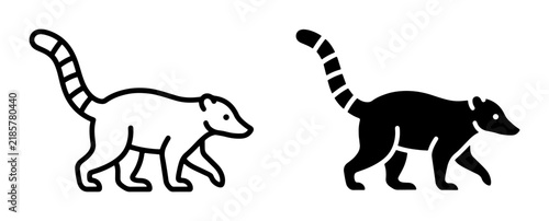 Coati Animal Icons, Black and White Vector Illustrations, Simple Line Art and Silhouette Styles