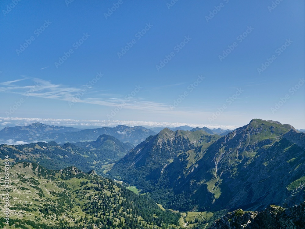 Fototapeta premium Breitachklamm Gorge in Bavaria, Germany, mountain river flowing in the middle of the cliffs, through the green forest. rapid flowing, raging, rushing. Sun rays and cool rock. Light and dark..