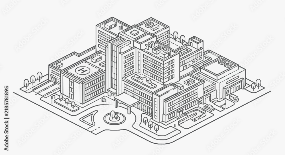 Fototapeta premium Isometric Sketch of Urban Office Complex with Network Infrastructure Icons