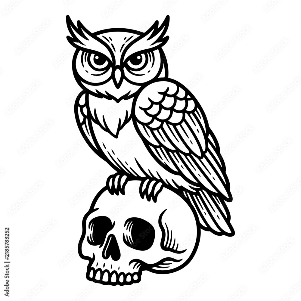 Obraz premium Owl Perched on Skull Black and White Tattoo Illustration