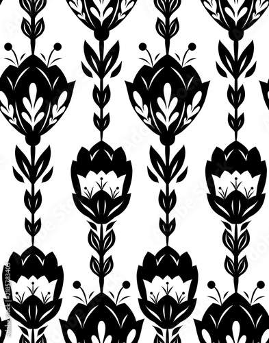 Vector decorative pattern with black folk art flowers in a row on white background. Rustic texture with monochrome silhouette of wildflowers.