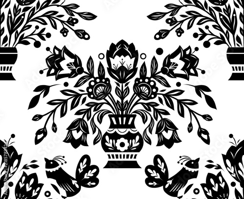Vector monochrome decorative pattern with flowers in a vase in folk art style. Texture with black tracery floral ornament. Wildflowers backdrop