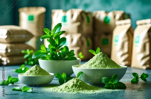 Fresh mint leaves surround powdery green spice in bowls