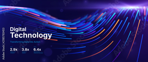 Abstract Data Technology Background with Glowing Blue and Orange Particle Lines. Dynamic Digital Energy Flow on Dark Gradient. Vector Illustration.