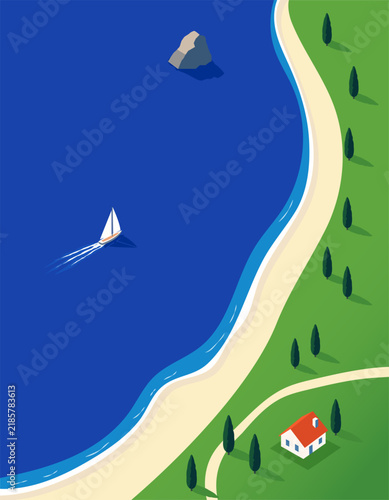 Minimalist Coastal Landscape with Beach, Sailboat and Green Countryside