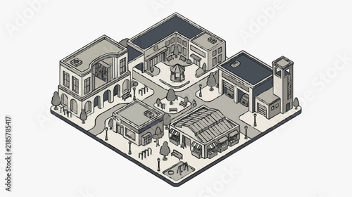 Isometric architectural layout of urban community center with buildings and open spaces