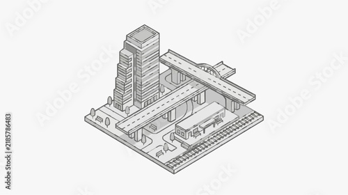 Isometric Sketch of Urban Train Station with High Rise Buildings and Pedestrian Pathways