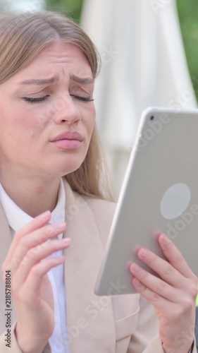 Outdoor Young Businesswoman Reacting to Loss on Tablet, Vertical Video