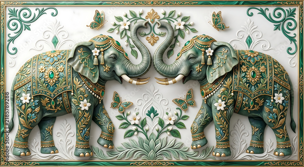 Fototapeta premium Elephant facing each other abstract green colour flower and butterfly design perfect for home artwork wall decorative.