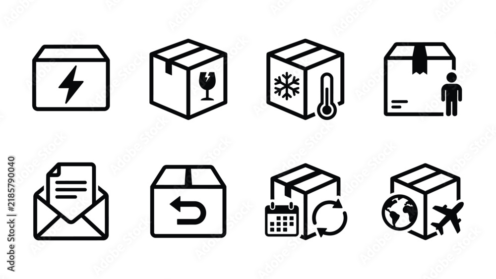 Fototapeta premium Shipping and Logistics Icons: A collection of eight distinct icons representing various aspects of shipping, logistics, and delivery services, including fragility, temperature control, return.