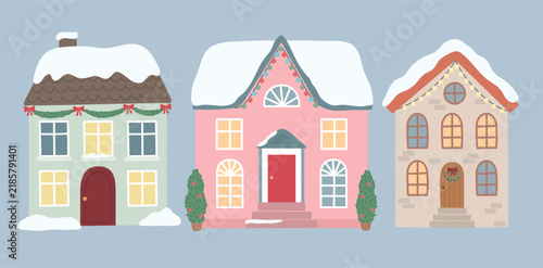 Set of cozy winter houses with festive garlands, Christmas wreaths, arched doors, windows and potted trees