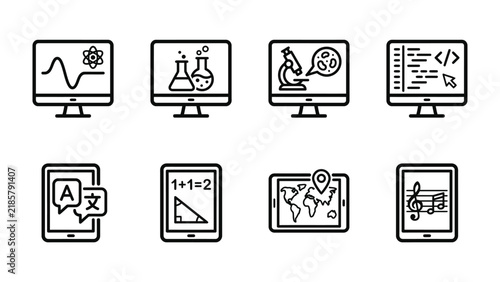 Educational Icons Set: A collection of line art icons representing various subjects such as science, chemistry, biology, coding, language, math, geography, and music.