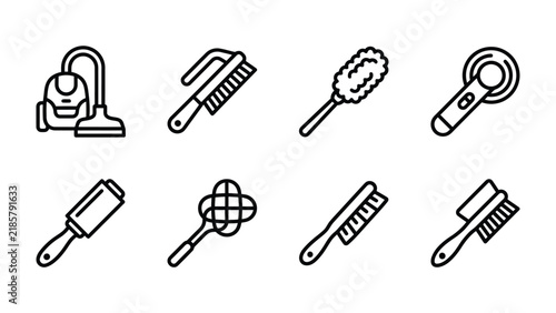 Cleaning Tools Collection: A set of eight essential cleaning tools, depicted in simple line art, includes a vacuum cleaner, various brushes, a duster, and a lint roller.