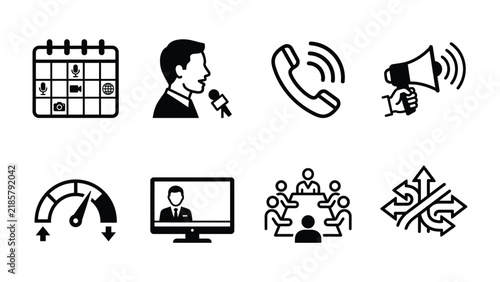 Business Icons: A collection of clean, minimalist icons representing key business concepts such as scheduling, public speaking, communication, marketing, performance, virtual meetings, teamwork.