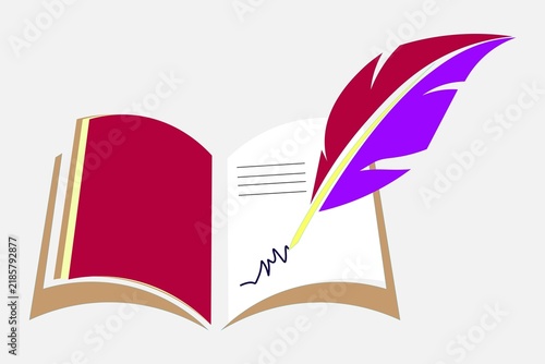 Open book with feather quill writing isolated on white background