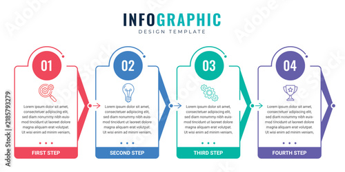Modern 4 Step Infographic Template for Business Presentation, Workflow Process, Project Planning, Strategy, Timeline, Process Diagram and Corporate Data Visualization