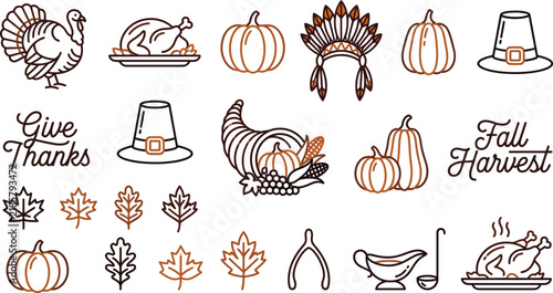 AdoSet of hand drawn thanksgiving and autumn harvest icons featuring pumpkins turkey cornucopia and fall leavesbe Illustrator Artwork