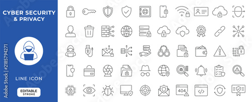 cybersecurity protection line icon set. Related data safety branding, and digital security interface design icons vector. Editable stroke