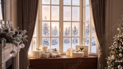 Festive Christmas interior Elegantly wrapped gifts by a bright window reveal a peaceful snow-covered winter wonderland, evoking a perfect holiday spirit