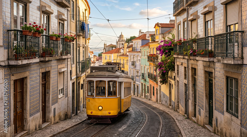 yellow streetcar moving through narrow historic street in Lisbon Portugal