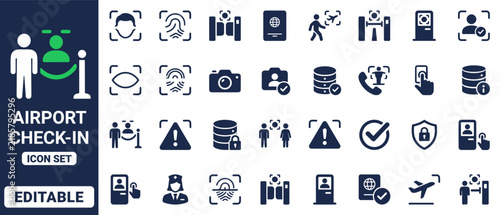 Airport check-in icon set, modern minimalist design for travel and security concepts