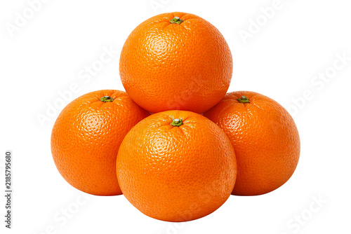 Four fresh whole oranges stacked together isolated on transparent background for display