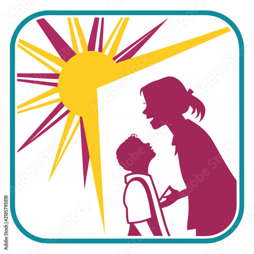 Mother and child silhouette symbol under a radiant sun with silhouette sunlight happiness