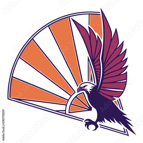 Bald eagle mascot logo with rising sun fan background bird of prey predator geometric