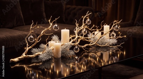 Sophisticated Christmas candle arrangement featuring elegant white pillars, golden branches, and sparkling ornaments, casting a warm, luxurious glow for holiday celebrations
