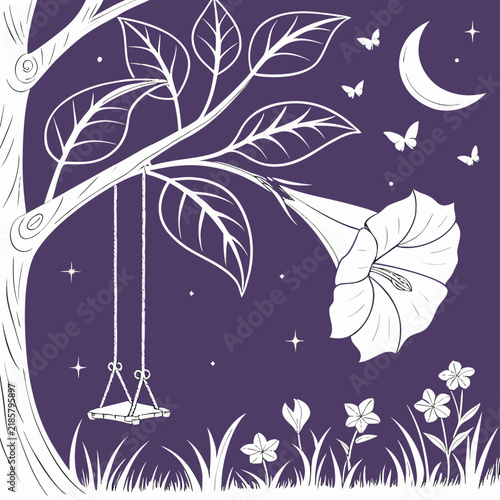Whimsical night illustration featuring an empty swing under a tree and a large white flower