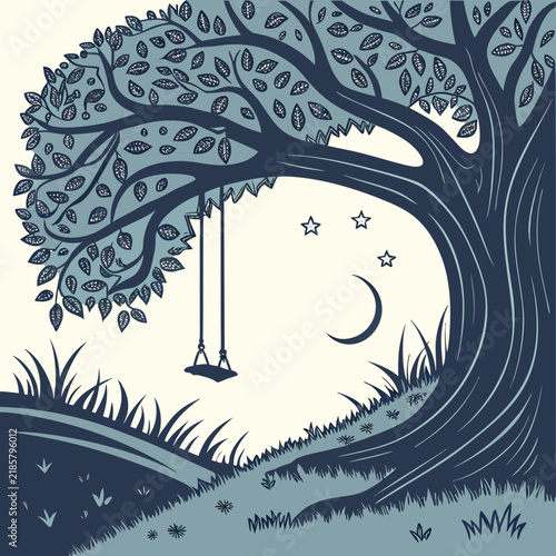 Stylized nocturnal landscape with an empty swing hanging from a large ornate tree