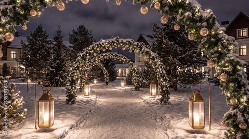 Festive Snowy Pathway Illuminated by Elegant Christmas Arches and Golden Lanterns at a Luxury Winter Hotel Grounds