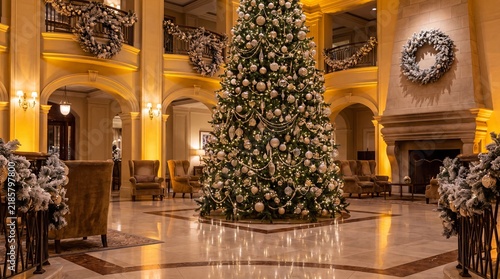 Magnificent Christmas Tree and Wreaths Decorating a Luxurious Hotel Lobby