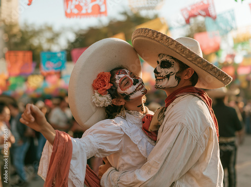 Romantic couple dancing at Dia de los Muertos celebration with Catrina makeup