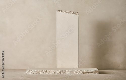 Textured stone forms stand on a muted, neutral backdrop
