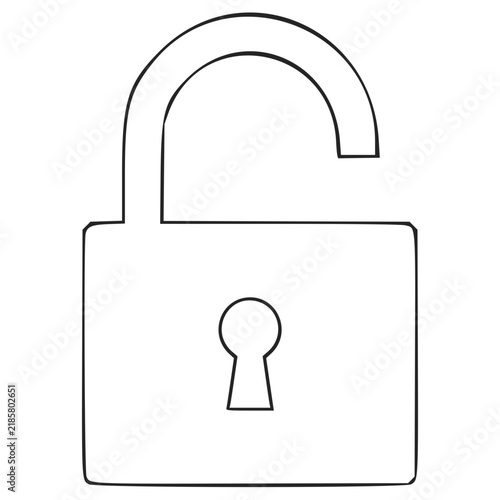 Simple black and white vector illustration of an open padlock with a keyhole symbol
