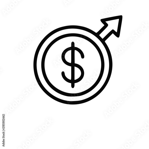Simple black and white vector illustration of a coin featuring a dollar sign with an upward trending arrow for financial growth and profit
