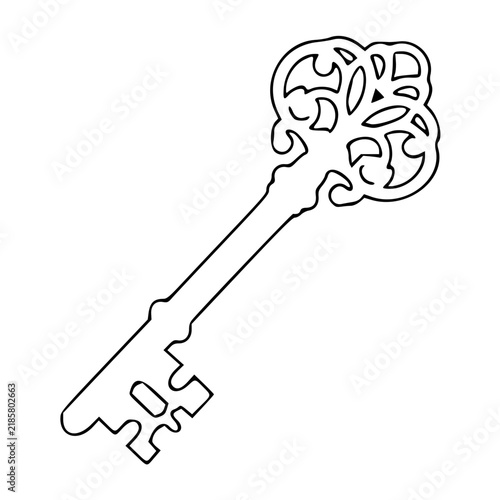 Simple black and white vector illustration of an antique skeleton key with an ornate decorative bow handle
