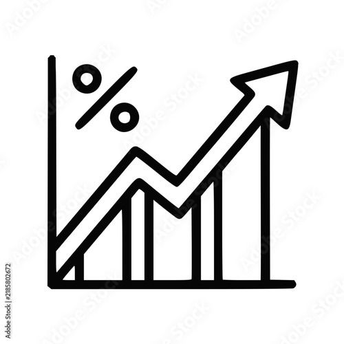 Simple black and white vector illustration of a financial growth chart with bar columns, an upward trending arrow, and a percentage symbol
