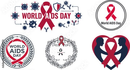 Geometric abstract frame and red ribbon vector icon collection. HIV AIDS medical awareness security badge and network graphic symbol set.