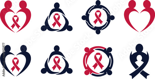 Red ribbon shield and geometric badge vector icon set. HIV AIDS awareness medical security shield emblem and network graphic collection.