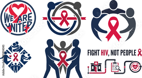 World AIDS Day typographic vector icon and infographic set. United community campaign symbol, red awareness ribbon emblem, and medical flow chart illustration.