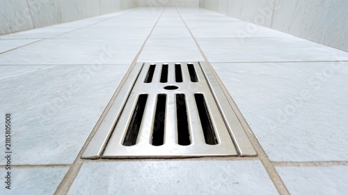 Close up of a stainless steel shower drain on tiled floor